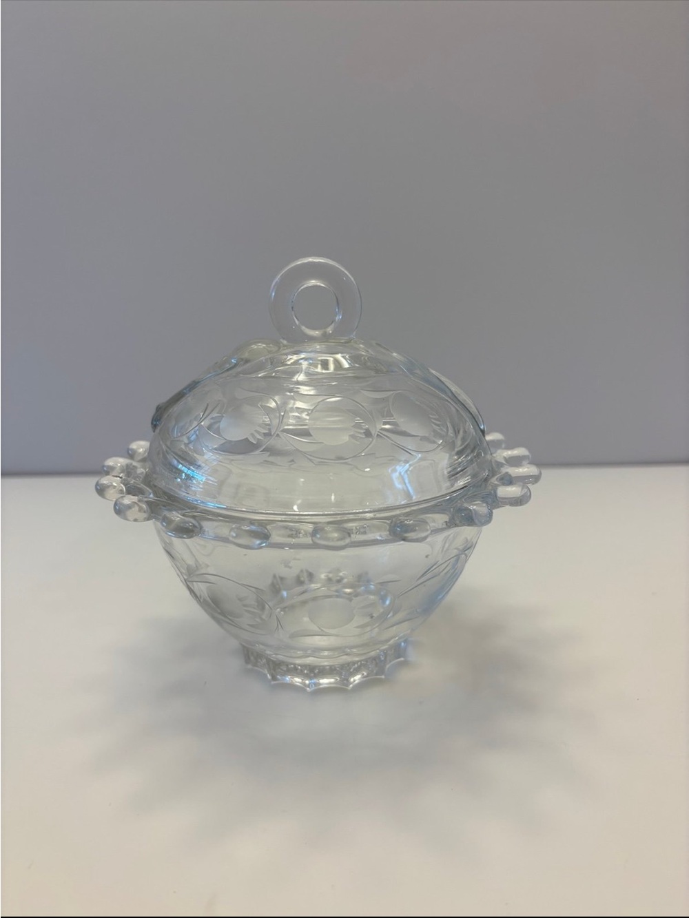 Vintage Heisey Lariat Etched leaf and Flowers Clear Glass Candy Dish
